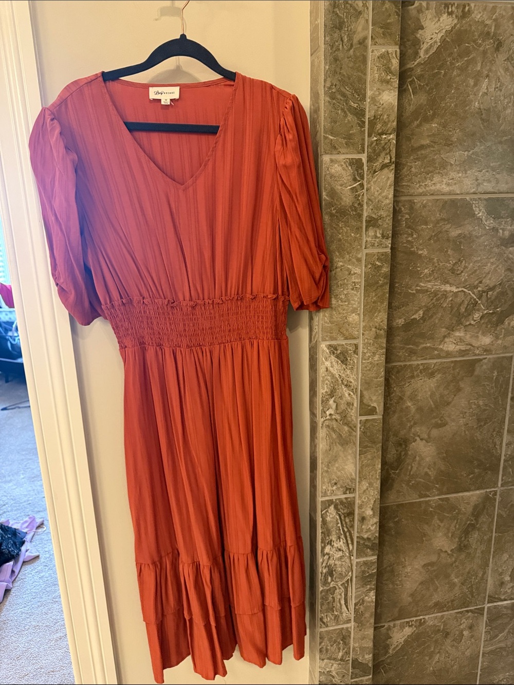 Smocked-Waist Midi Dress in Rust Orange by Vagabond
